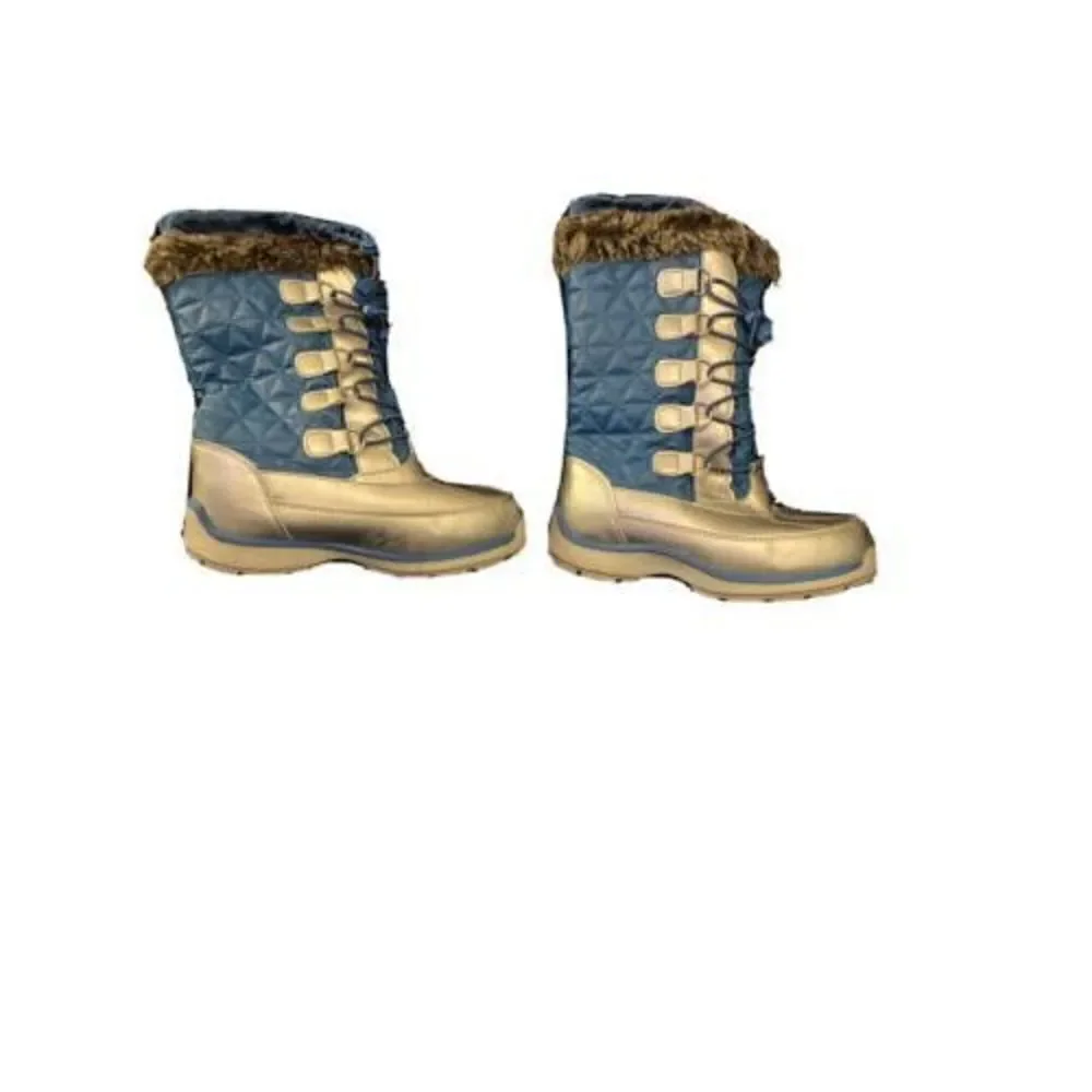 Lands End Womens Winter Boots Blue  Mid Calf Faux Fur Lace Up Kids size 1
